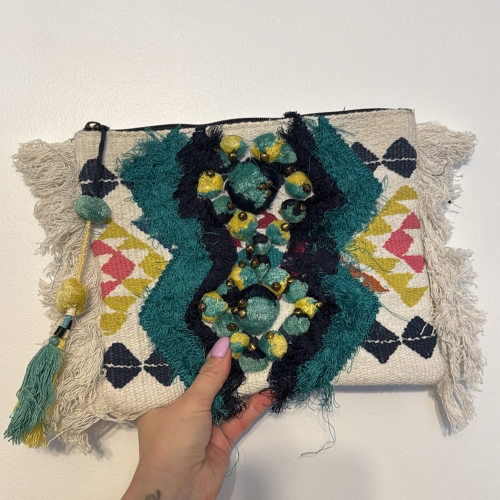 Parfois Embroidered Crochet Fringe Pom Pom Clutch